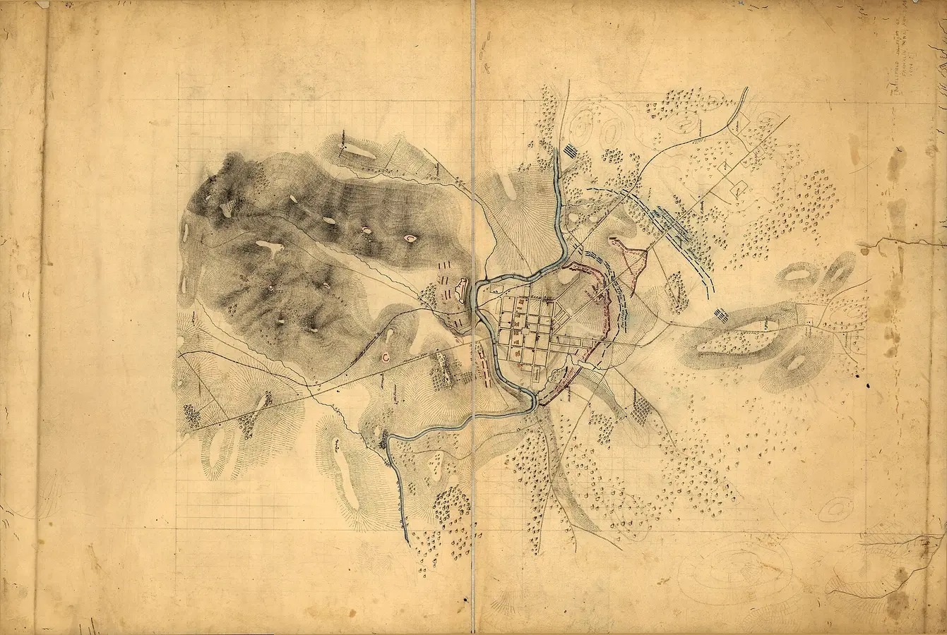 Historical 1864 field map of Franklin showing roads, buildings, landscape and military positions