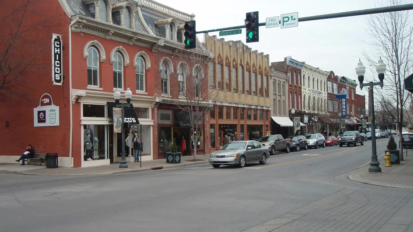 Historic storefronts and streetscape at Fourth Avenue and Main Street in Franklin, Tennessee